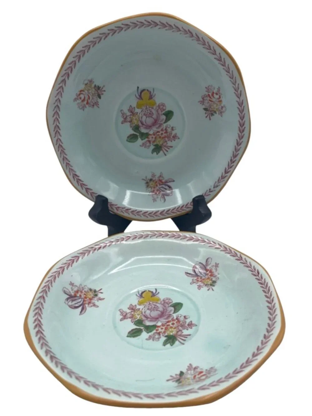 2 Adams Calyx Ware Chelsea Sprays Saucers Red Stamp Laurel Leaf England